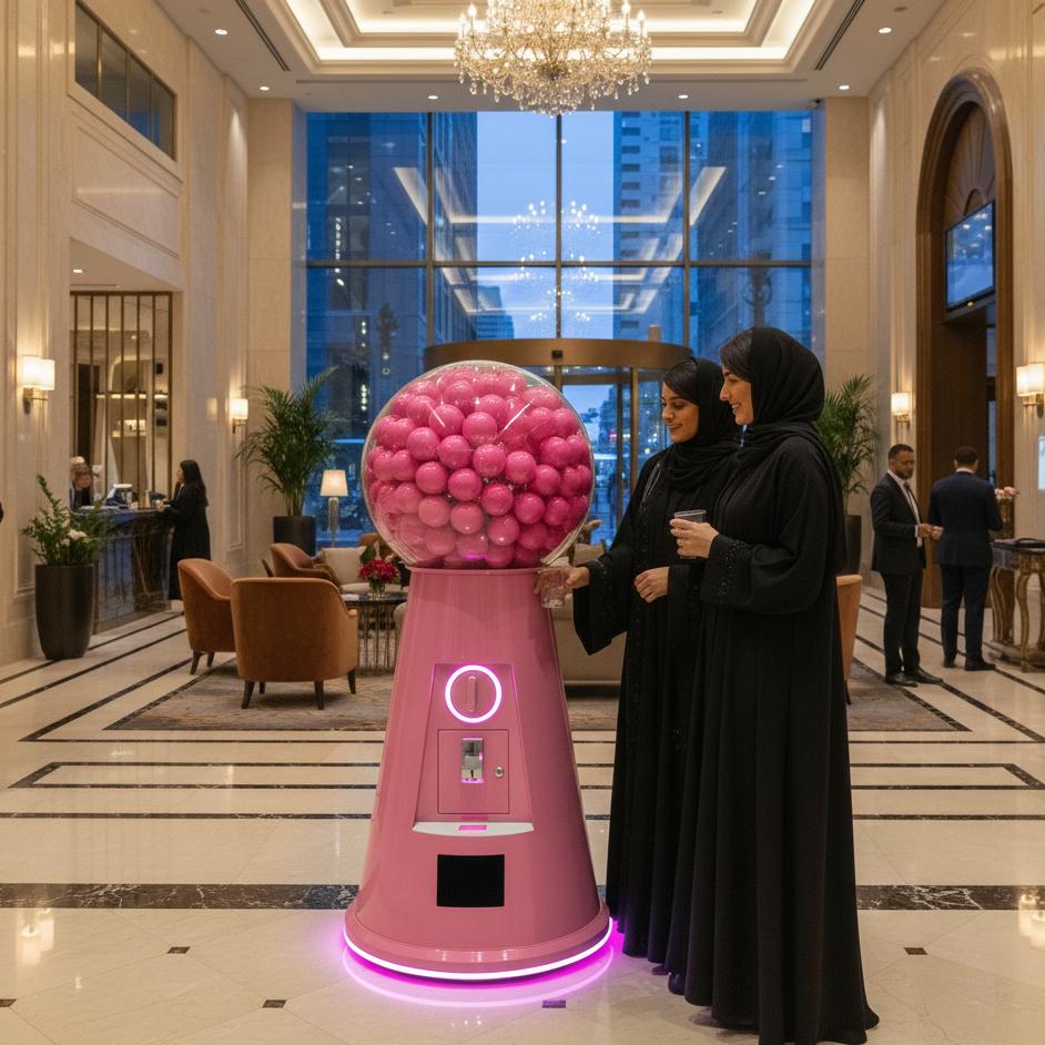 Interactive Gumball Machine at a Dubai brand activation event. Guests are playing and engaging with the sleek machine, creating memorable experiences.